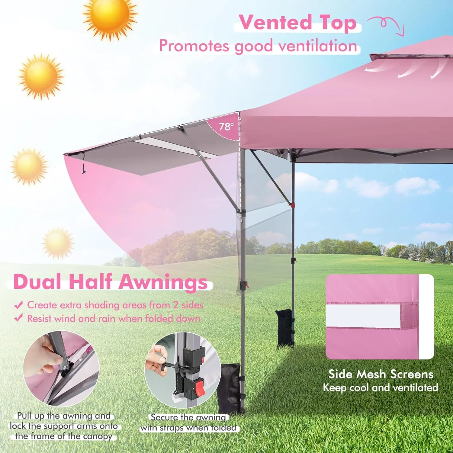 Tangkula 10x17.6 Ft Pop Up Canopy with Adjustable Dual Awnings, 2 Tier Outdoor Canopy Tent with 8 Stakes, 4 Ropes, 4 Sand Bags, Wheeled Bag, Easy Setup Instant Tent for Patio, Market, Picnic (Pink)