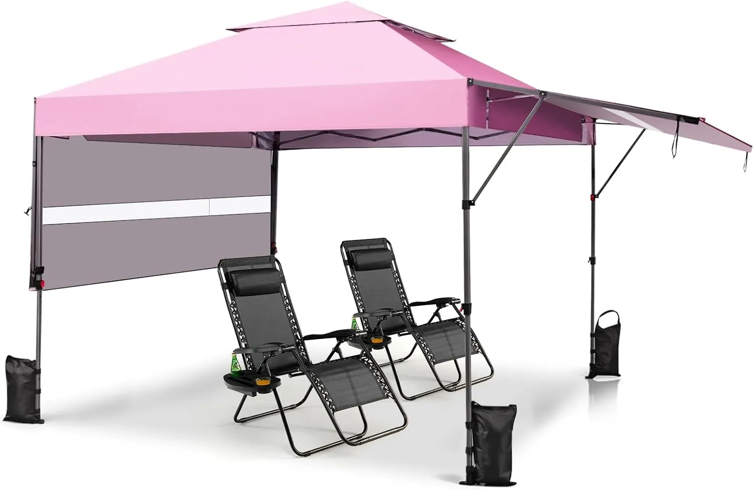 Tangkula 10x17.6 Ft Pop Up Canopy with Adjustable Dual Awnings, 2 Tier Outdoor Canopy Tent with 8 Stakes, 4 Ropes, 4 Sand Bags, Wheeled Bag, Easy Setup Instant Tent for Patio, Market, Picnic (Pink)