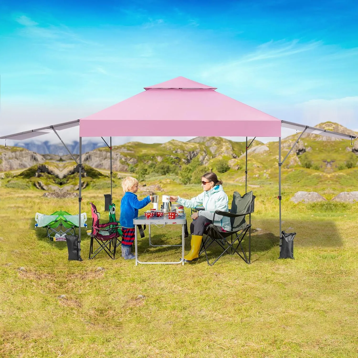 Tangkula 10x17.6 Ft Pop Up Canopy with Adjustable Dual Awnings, 2 Tier Outdoor Canopy Tent with 8 Stakes, 4 Ropes, 4 Sand Bags, Wheeled Bag, Easy Setup Instant Tent for Patio, Market, Picnic (Pink)
