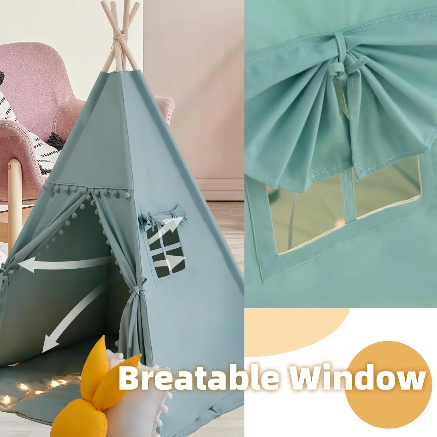 Teepee Tent for Kids with Mat, Star Lights, Carry Case, Cotton Canvas Playhouse, Foldable Tents, Portable Children Play Tent Indoor Outdoor (Jewelry Blue)