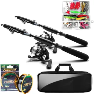 Telescopic Fishing Rod and Reel Combos, Carbon Fiber Fishing Pole Kits with Spinning Reels, Collapsible Travel Fishing Rod Line Lures Set with Carrier Bag for Freshwater Saltwater Fishing