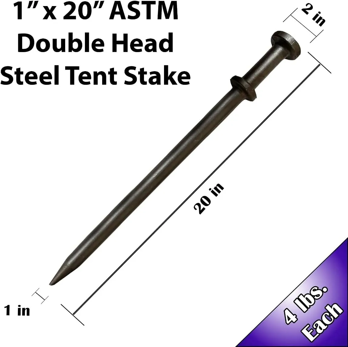 TentAndTable Double Head Metal Tent Stakes Heavy Duty Steel Ground Stake, Versatile Spikes to Anchor Commercial Inflatables, Event Party Tents, and Outdoor Camping Shelters, 1 x 20 Inch, 4 Pack