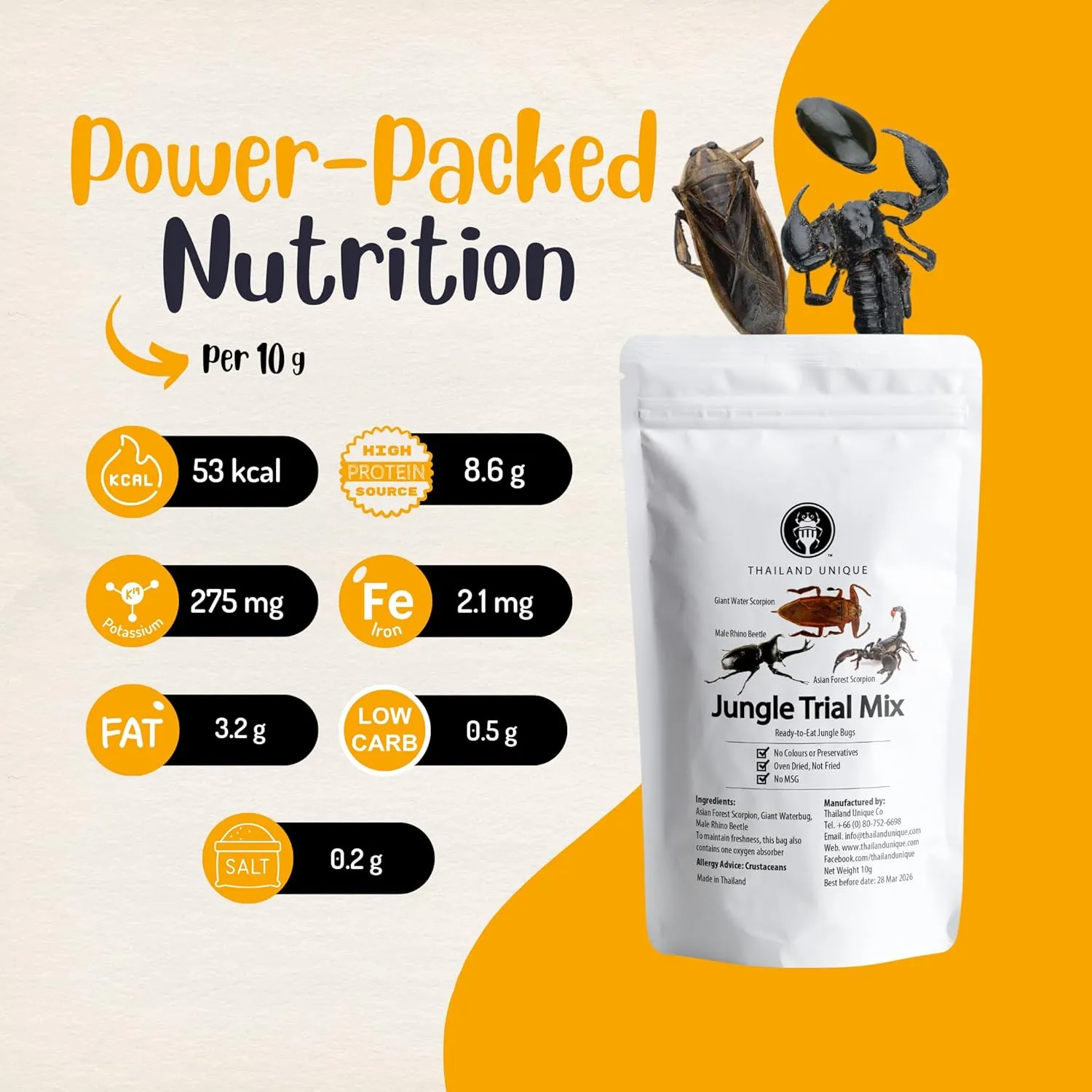 Thailand Unique Jungle Trial Mix - 14 Gram Bag with Asian Forest Scorpion, Diving Beetle, and Giant Waterbug, Dehydrated Edible Insects for Humans, Nutritious Bugs Superfood Weird Unusual Snack Gift