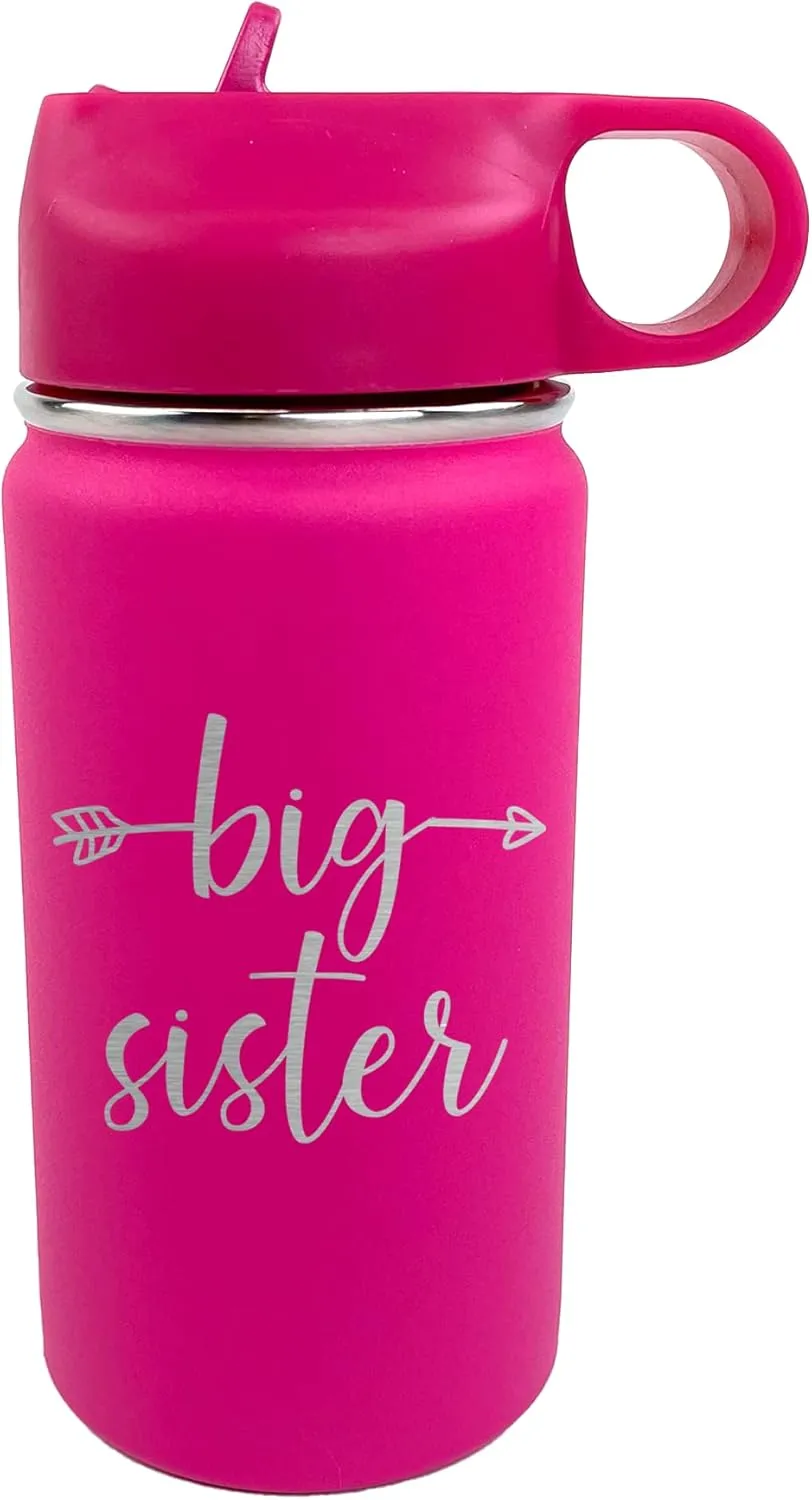 The Crafty Engineer Big Sister Big Brother Kids Water Bottle, Engraved Design with Flip Top Lid (Hot Pink)