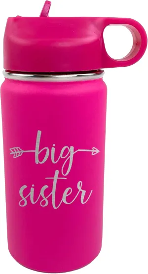 The Crafty Engineer Big Sister Big Brother Kids Water Bottle, Engraved Design with Flip Top Lid (Hot Pink)