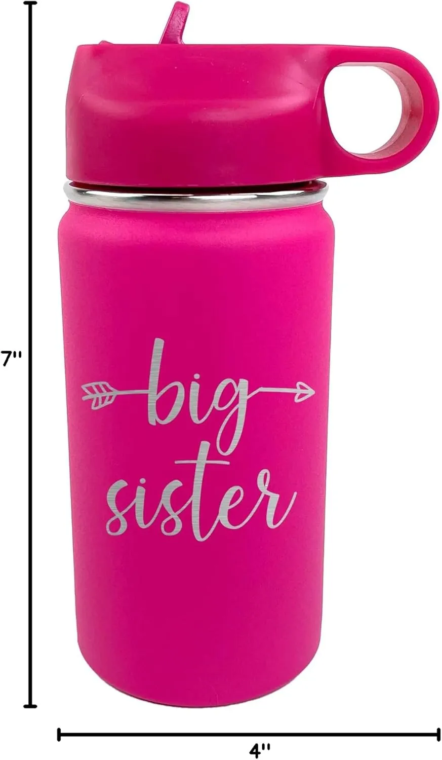 The Crafty Engineer Big Sister Big Brother Kids Water Bottle, Engraved Design with Flip Top Lid (Hot Pink)