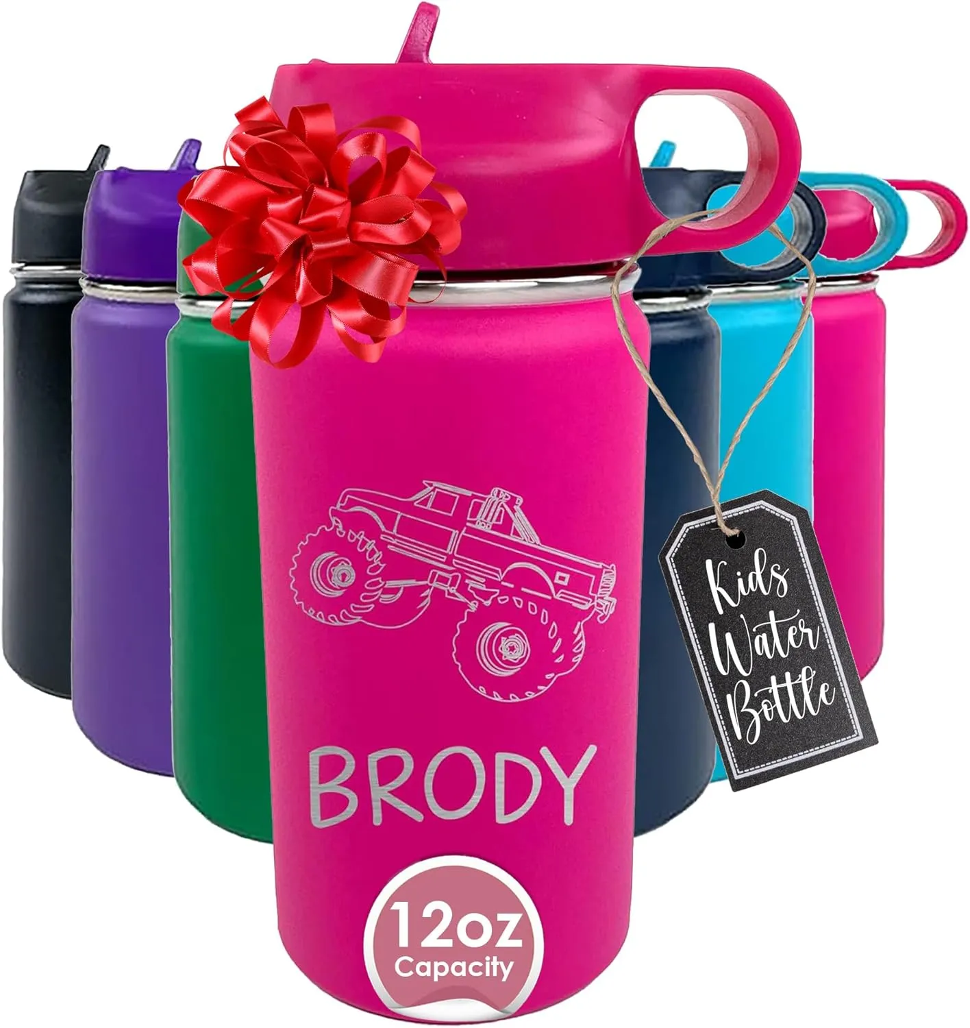 The Crafty Engineer Personalized Monster Truck Water Bottle for Kids - Monster Truck Cups for School & Sports (Pink)