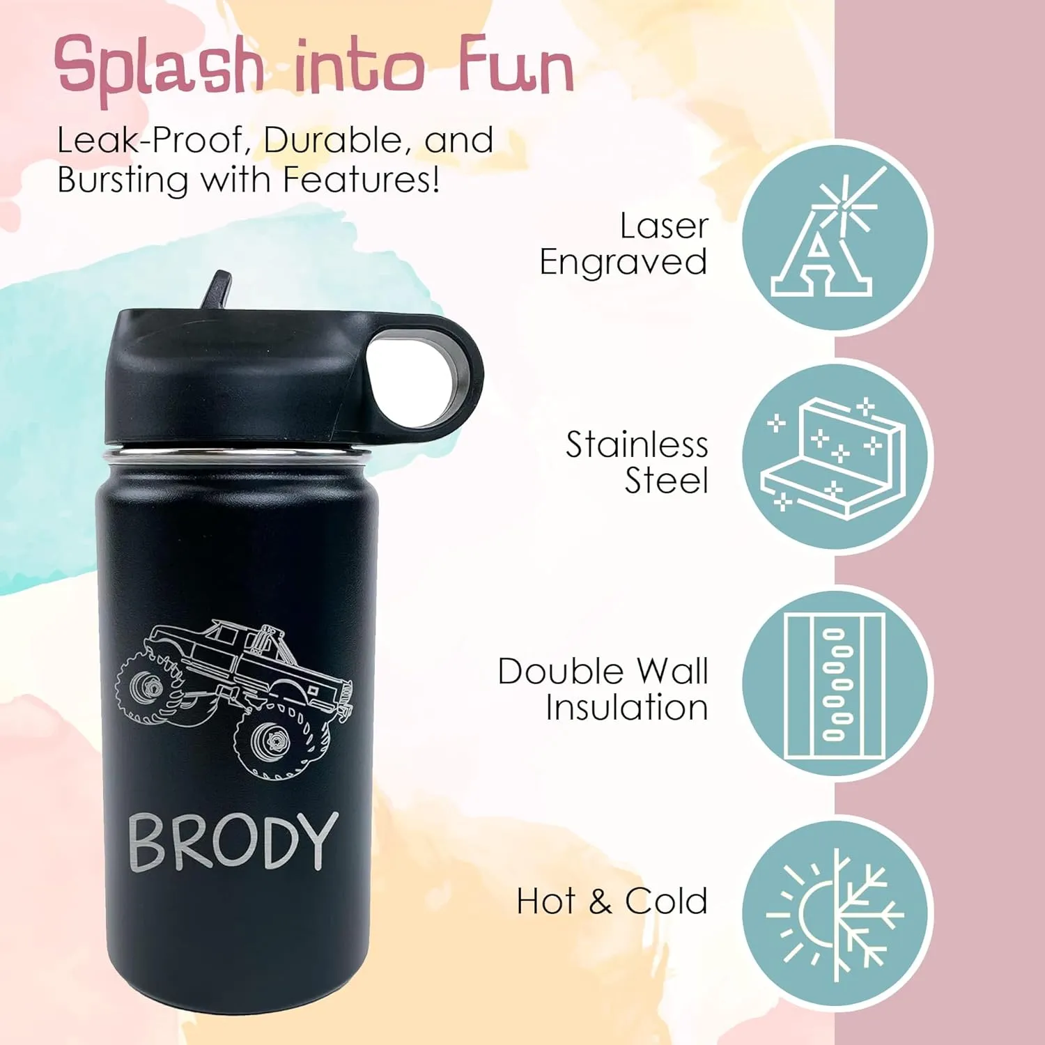 The Crafty Engineer Personalized Monster Truck Water Bottle for Kids - Monster Truck Cups for School & Sports (Pink)