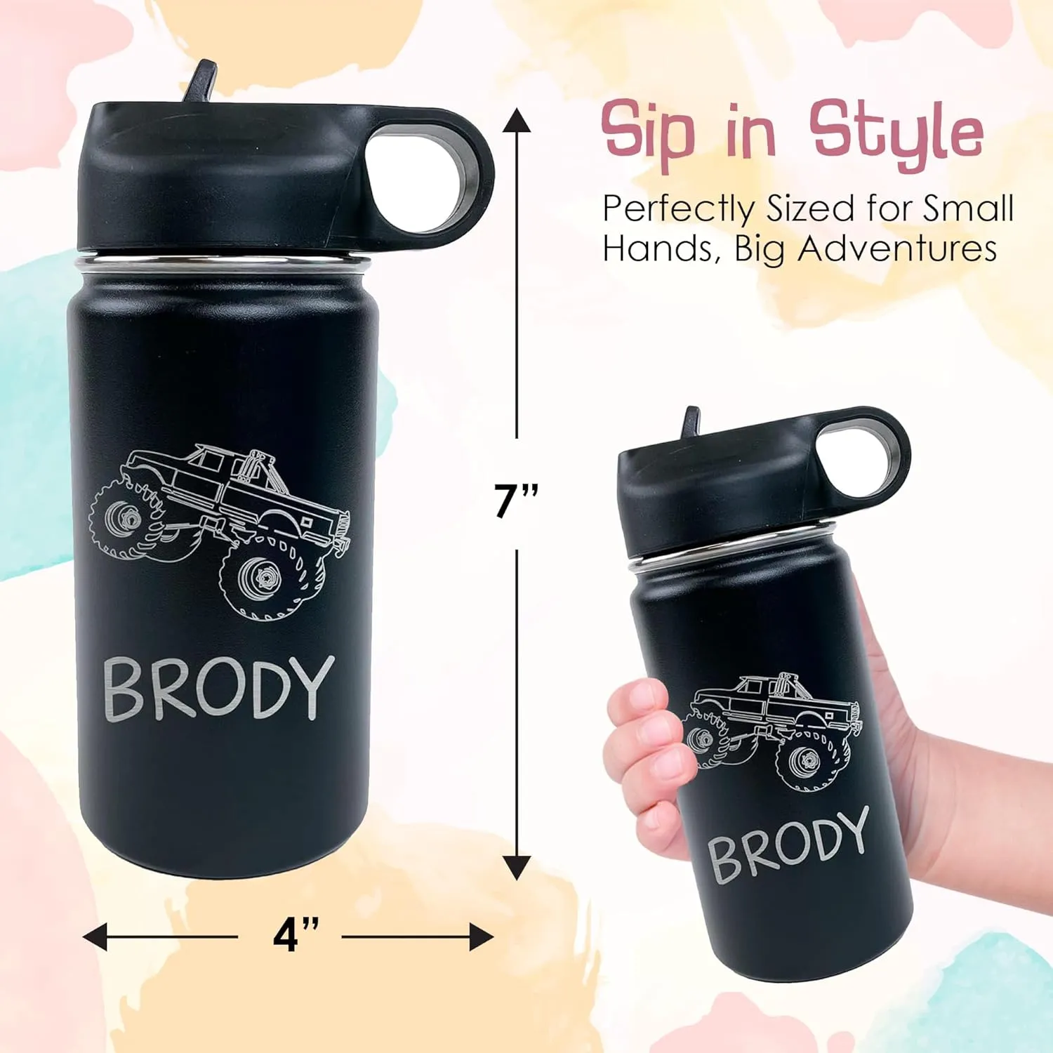 The Crafty Engineer Personalized Monster Truck Water Bottle for Kids - Monster Truck Cups for School & Sports (Pink)