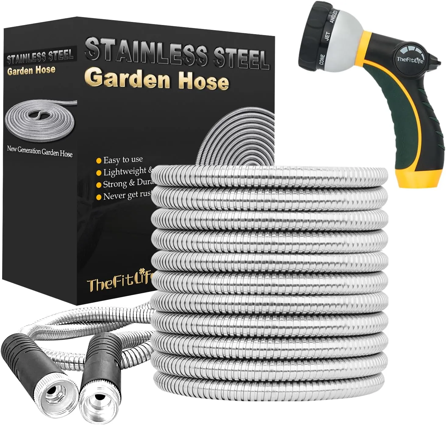 TheFitLife Flexible Metal Garden Hose - Upgrade Leak and Fray Resistant Design, Stainless Steel Water Hose with Solid Fittings and Sprayer Nozzle, Lightweight Kink Free Durable Easy Storage (25 FT)