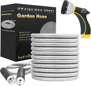 TheFitLife Flexible Metal Garden Hose - Upgrade Leak and Fray Resistant Design, Stainless Steel Water Hose with Solid Fittings and Sprayer Nozzle, Lightweight Kink Free Durable Easy Storage (25 FT)