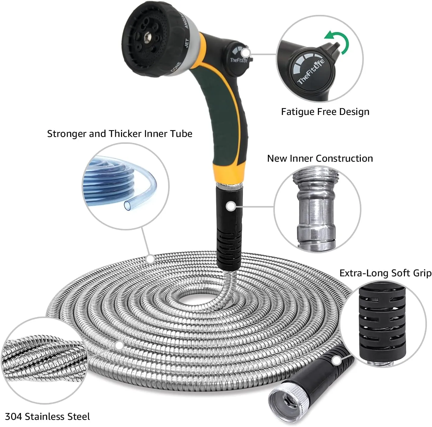 TheFitLife Flexible Metal Garden Hose - Upgrade Leak and Fray Resistant Design, Stainless Steel Water Hose with Solid Fittings and Sprayer Nozzle, Lightweight Kink Free Durable Easy Storage (25 FT)