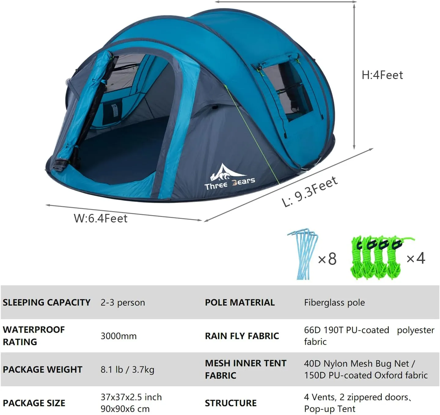 ThreeBears Instant Pop-Up Tent–2 Person Tent with Easy Automatic Setup, Ideal for Camping, Traveling, and Outdoor Adventures. Quick and Convenient Assembly