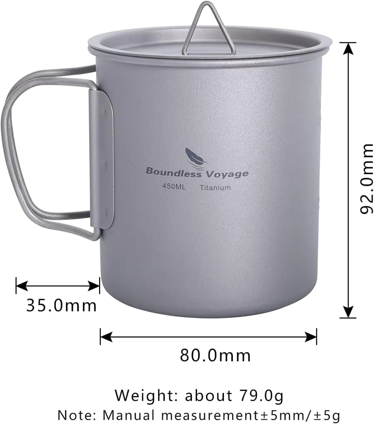 Titanium Cup Portable Camping Picnic Water Mug with Lid Outdoor Ultralight Camping Drinking Cup Picnic Cutlery Cookware (Ti3035D 450ml)