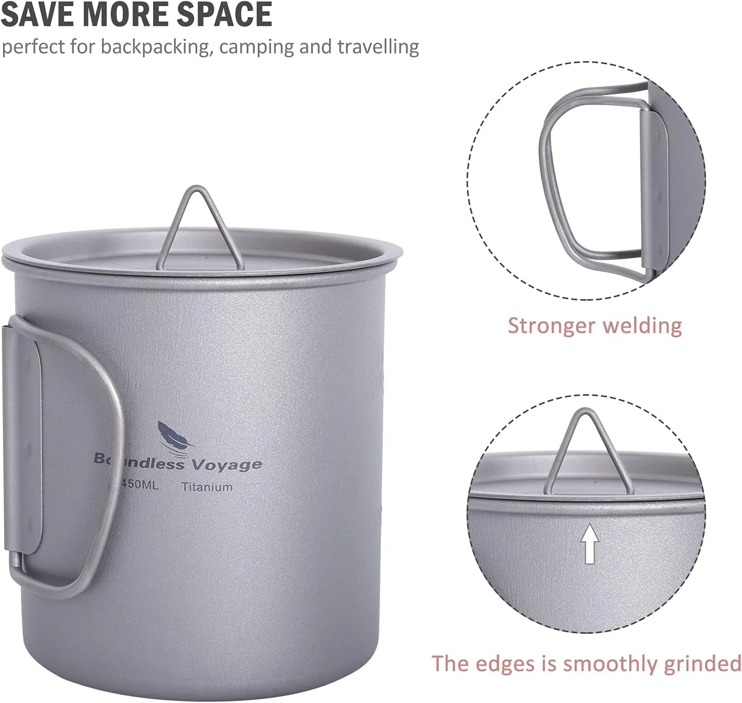 Titanium Cup Portable Camping Picnic Water Mug with Lid Outdoor Ultralight Camping Drinking Cup Picnic Cutlery Cookware (Ti3035D 450ml)