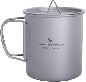 Titanium Cup Portable Camping Picnic Water Mug with Lid Outdoor Ultralight Camping Drinking Cup Picnic Cutlery Cookware (Ti3035D 450ml)