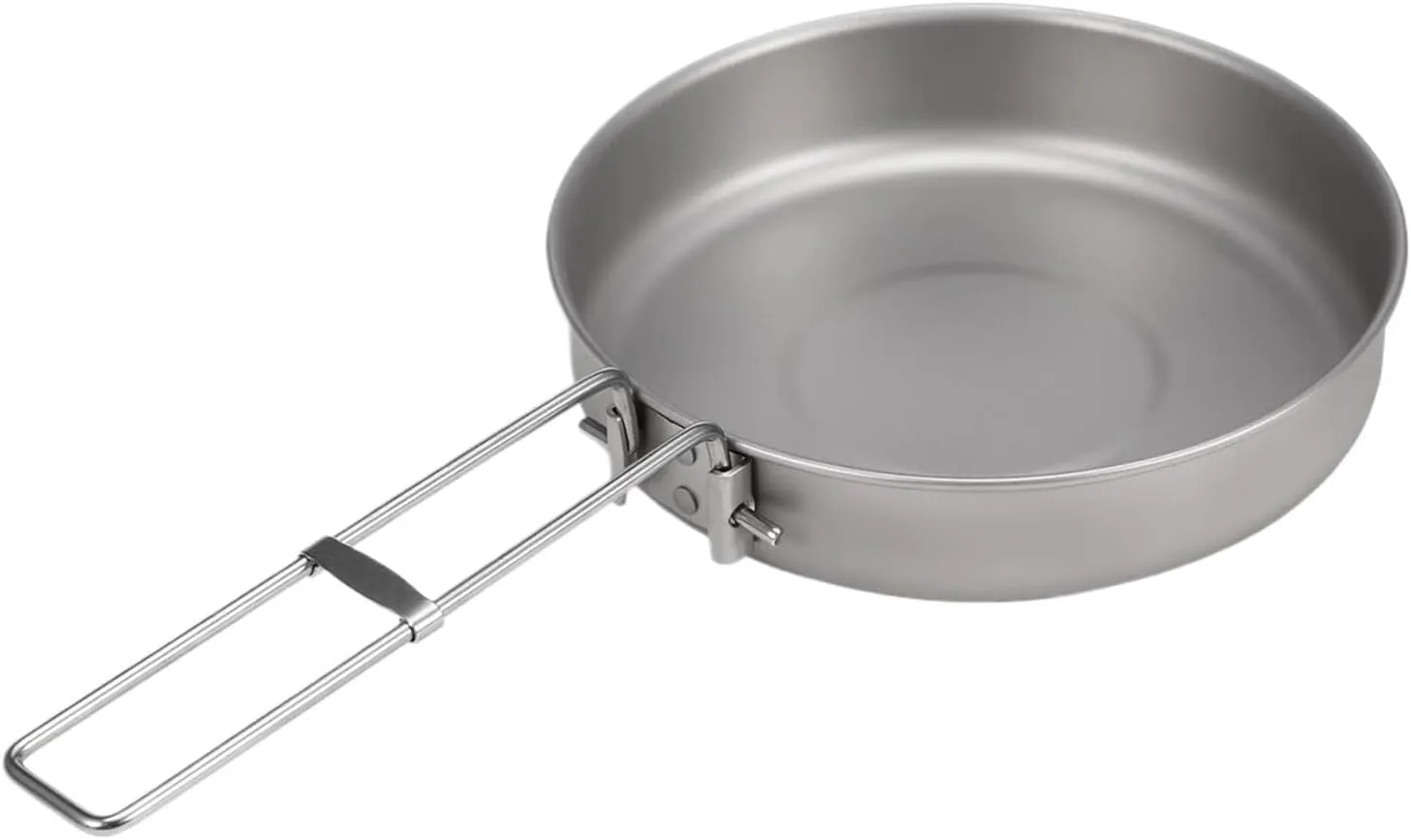 Titanium Fry Pan Ultralight Grill Frying Pan With Folding Handle，Compatible For Lixada Titanium Fry Pan Grill Frying Pan Outdoor Cooking Camping Hiking Backpacking(1000ml with handle)