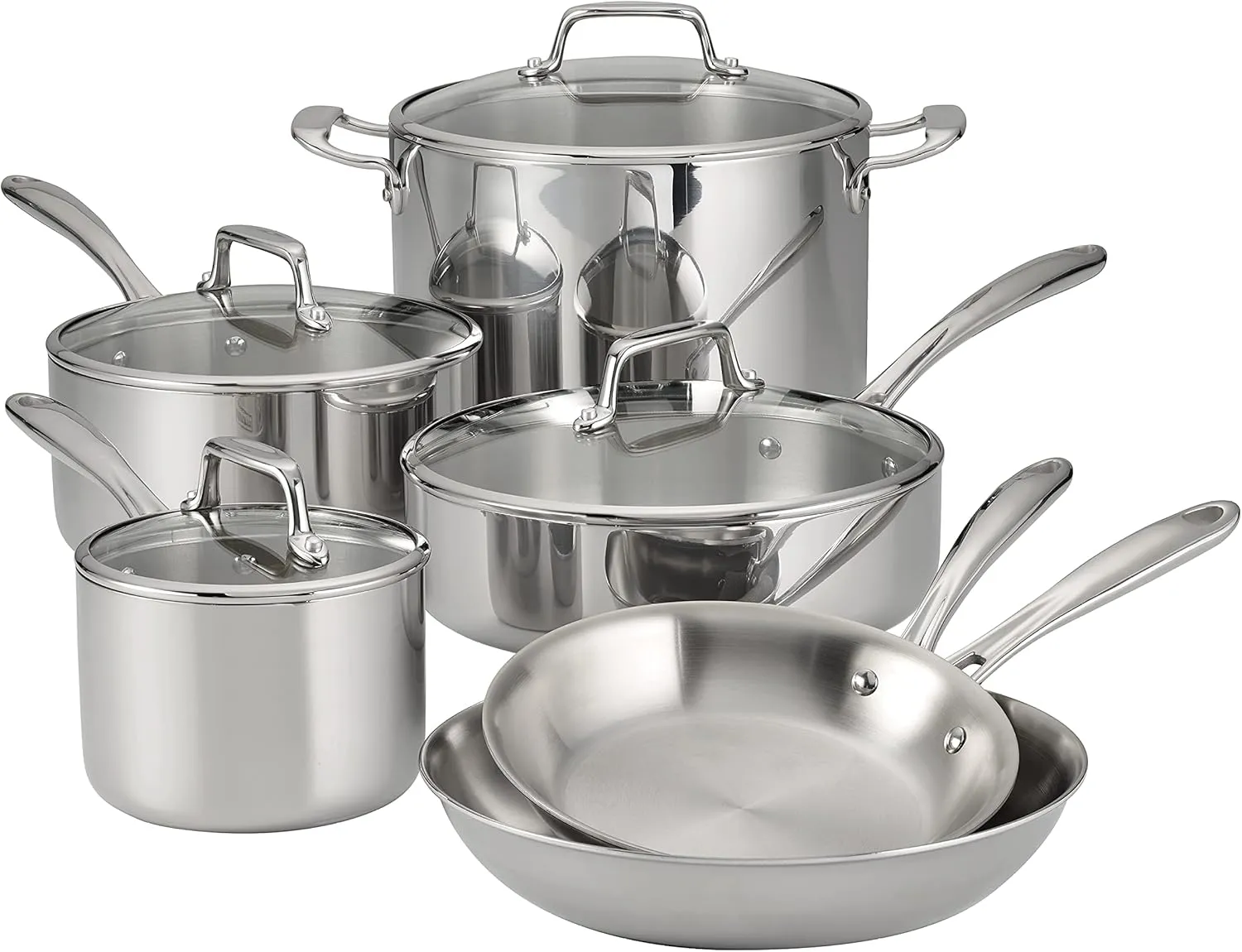 Tramontina Tri-Ply Clad Stainless Steel 10-Piece Cookware Set with Glass Lids, Pots and Pans Kitchen Set, Induction-Ready, Dishwasher-Safe, NSF-Certified, Made in Brazil