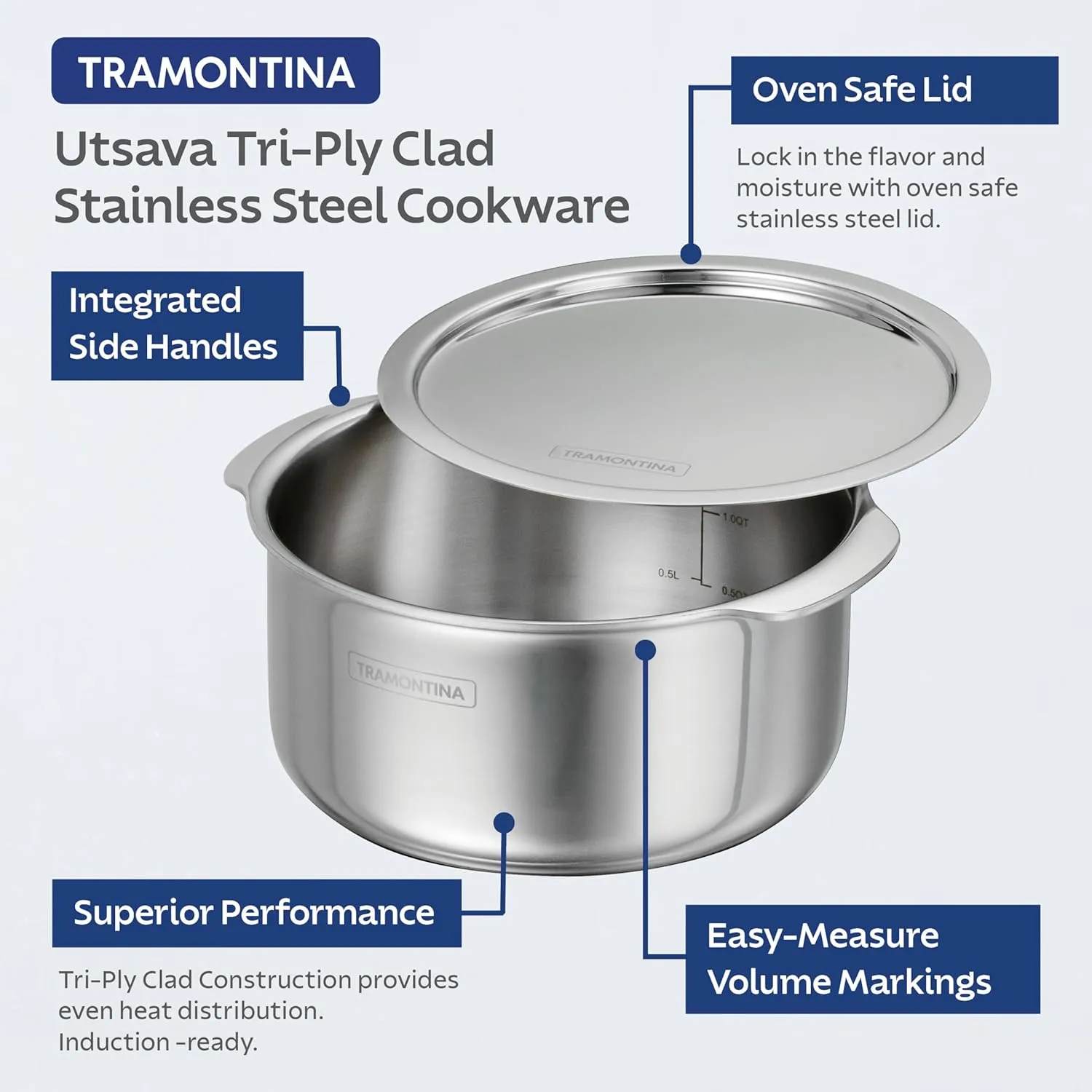 Tramontina Utsava 2.4-Quart Tri-Ply Clad Stainless Steel Tope with Lid, Patila Pot for Indian Cooking