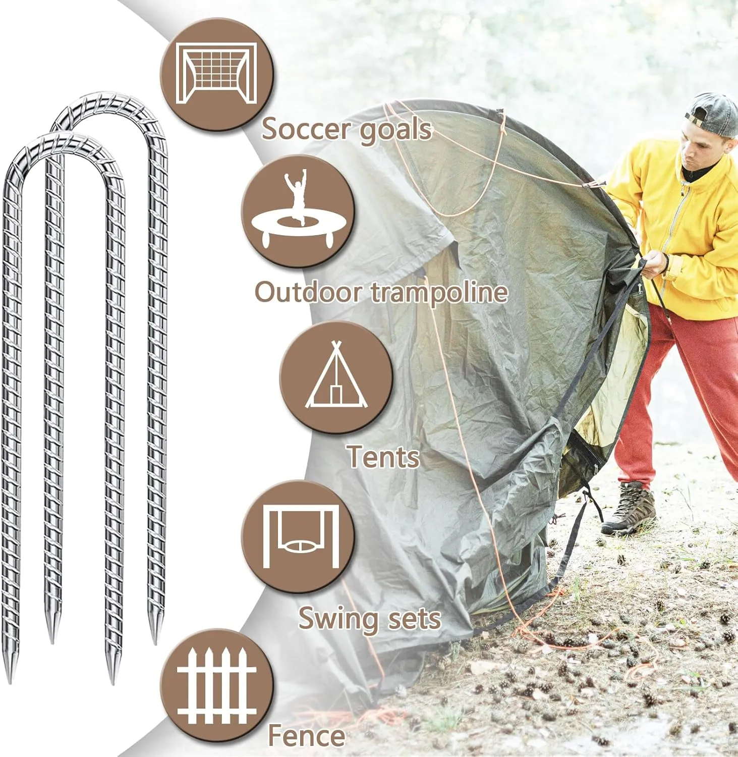 Trampoline Anchors Wind Stakes 12 Inch U- Shaped Ground Anchors Rebar Stakes Heavy Duty for Camping Tent, Soccer Goals, Trampoline Accessories, Dog Fence