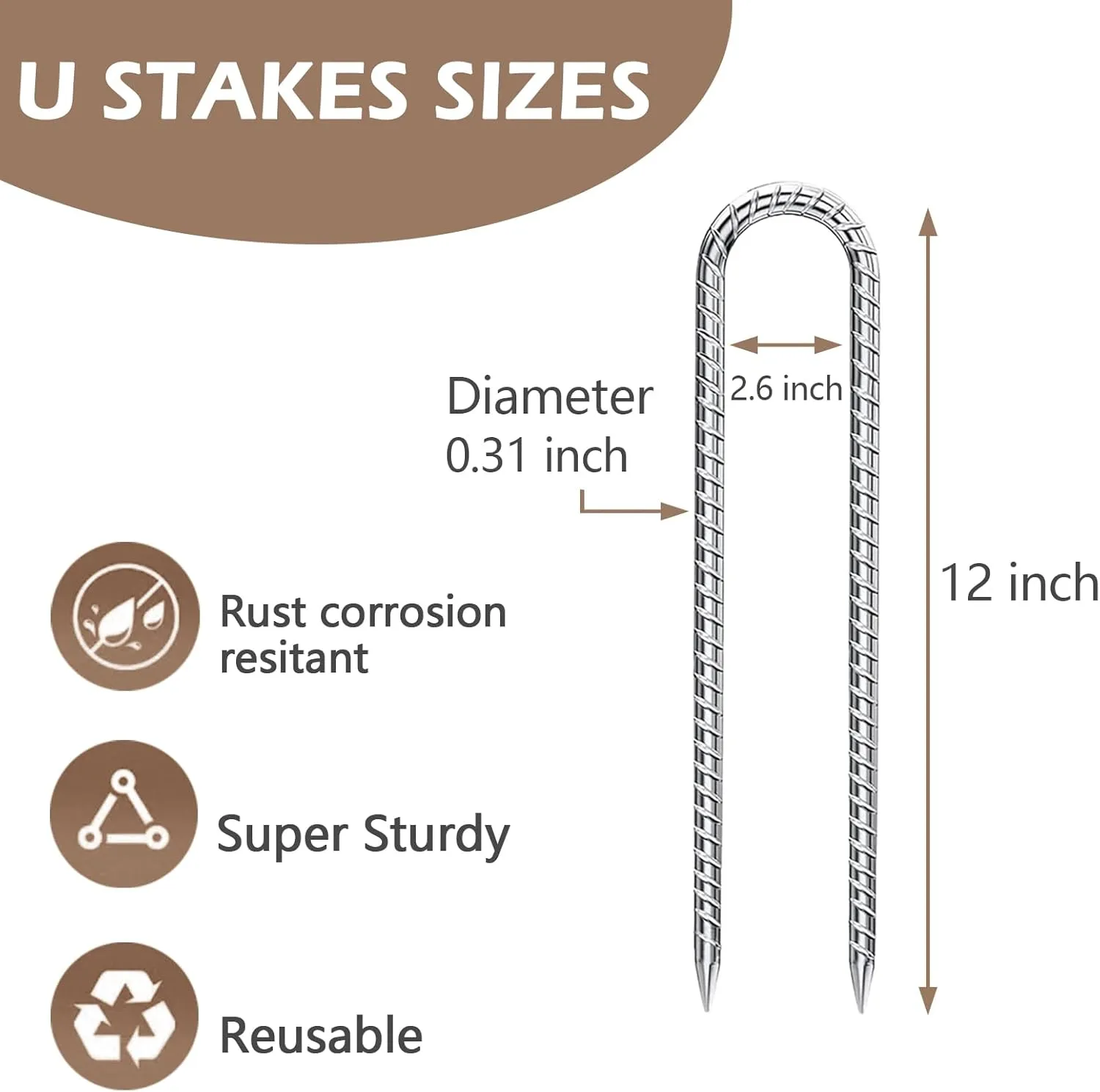 Trampoline Anchors Wind Stakes 12 Inch U- Shaped Ground Anchors Rebar Stakes Heavy Duty for Camping Tent, Soccer Goals, Trampoline Accessories, Dog Fence