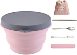 Travel Collapsible Silicone Bowl Portable Camping Folding Multipurpose Bowls TET with Lid and Fork for Hiking Kitchen Compatible with Freezer and Microwave(Size:1000ml-set,Color:Pink)