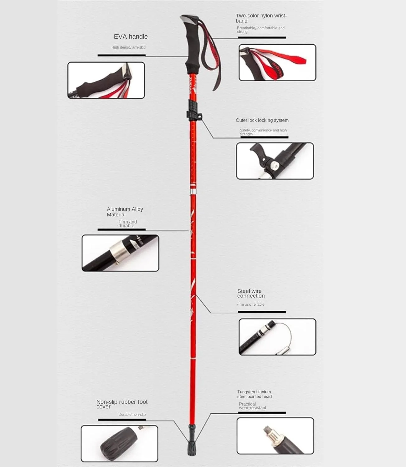 Travel Trekking Pole Trekking Poles Lightweight Aluminum Alloy Adjustable Hiking Poles Walking Sticks for Hiking Outdoor Activities(Red,130cm)