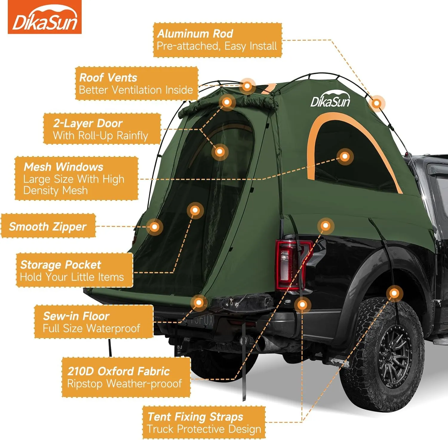 Truck Bed Tent: Double Layer 10-Minute Quick Setup Pickup Tent 6.4-6.7 FT, Waterproof PU3000mm Tear-Resistant Truck Tent for 2 Person Camping