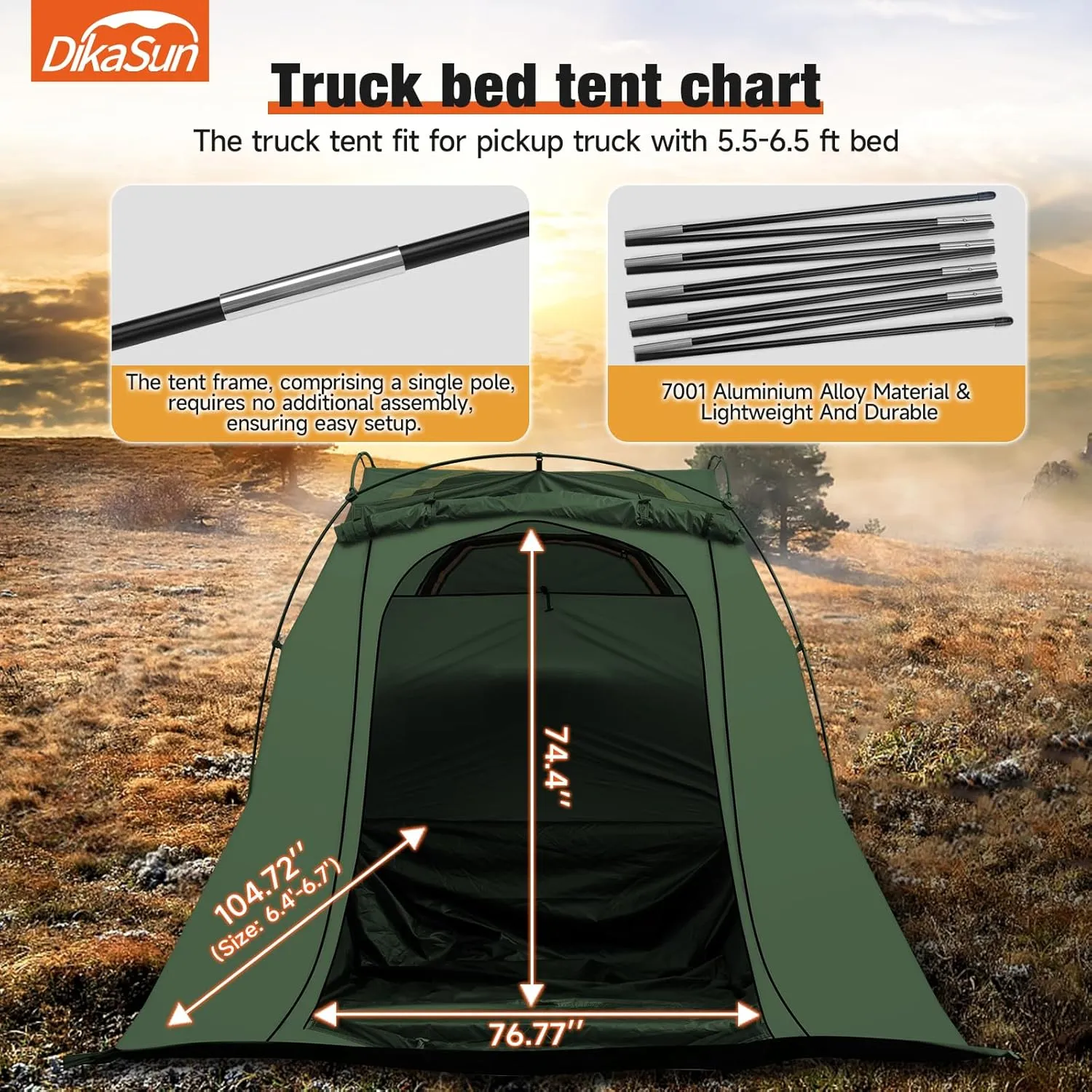 Truck Bed Tent: Double Layer 10-Minute Quick Setup Pickup Tent 6.4-6.7 FT, Waterproof PU3000mm Tear-Resistant Truck Tent for 2 Person Camping