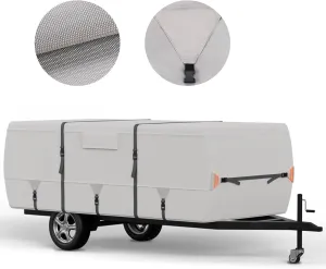 True 900D Oxford Tearproof Anti-Scratch Pop Up Camper Tent Trailer Cover 100% Waterproof Anti-UV Folding Camping Trailer RV Cover with 7 PCS Reinforced Windproof Straps for Motorhome (Gray, 10'-12')