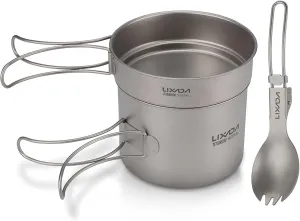 Ultralight Titanium Cookset Outdoor Camping Cookware Set 900ml/1100ml Pot 350ml Fry Pan with Folding Spork for for Travel Camping Backpacking Picnic