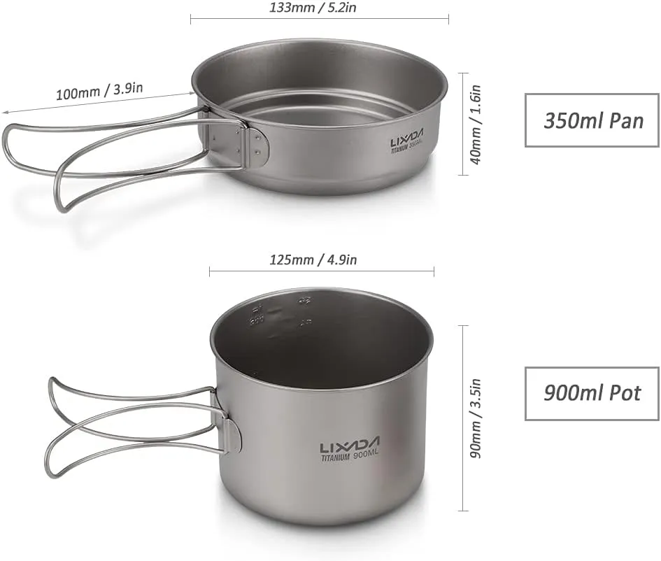 Ultralight Titanium Cookset Outdoor Camping Cookware Set 900ml/1100ml Pot 350ml Fry Pan with Folding Spork for for Travel Camping Backpacking Picnic
