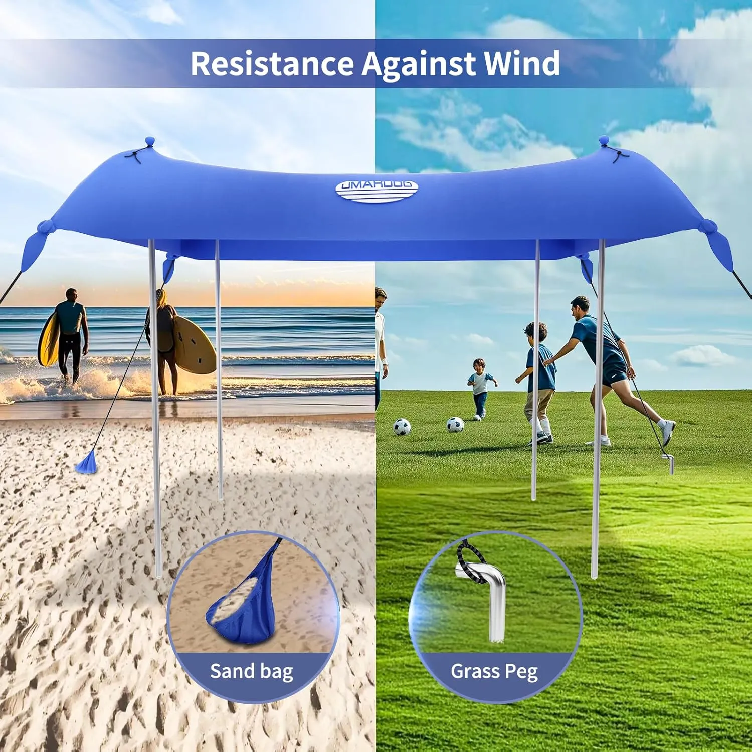 UMARDOO Family Beach Tent Canopy Sun Shade Portable 10×10FT,Wind Resistance Beach Sun Shelter Easy Setup with Packable Carry Bag for Outdoor Travel UPF 50 (Blue)