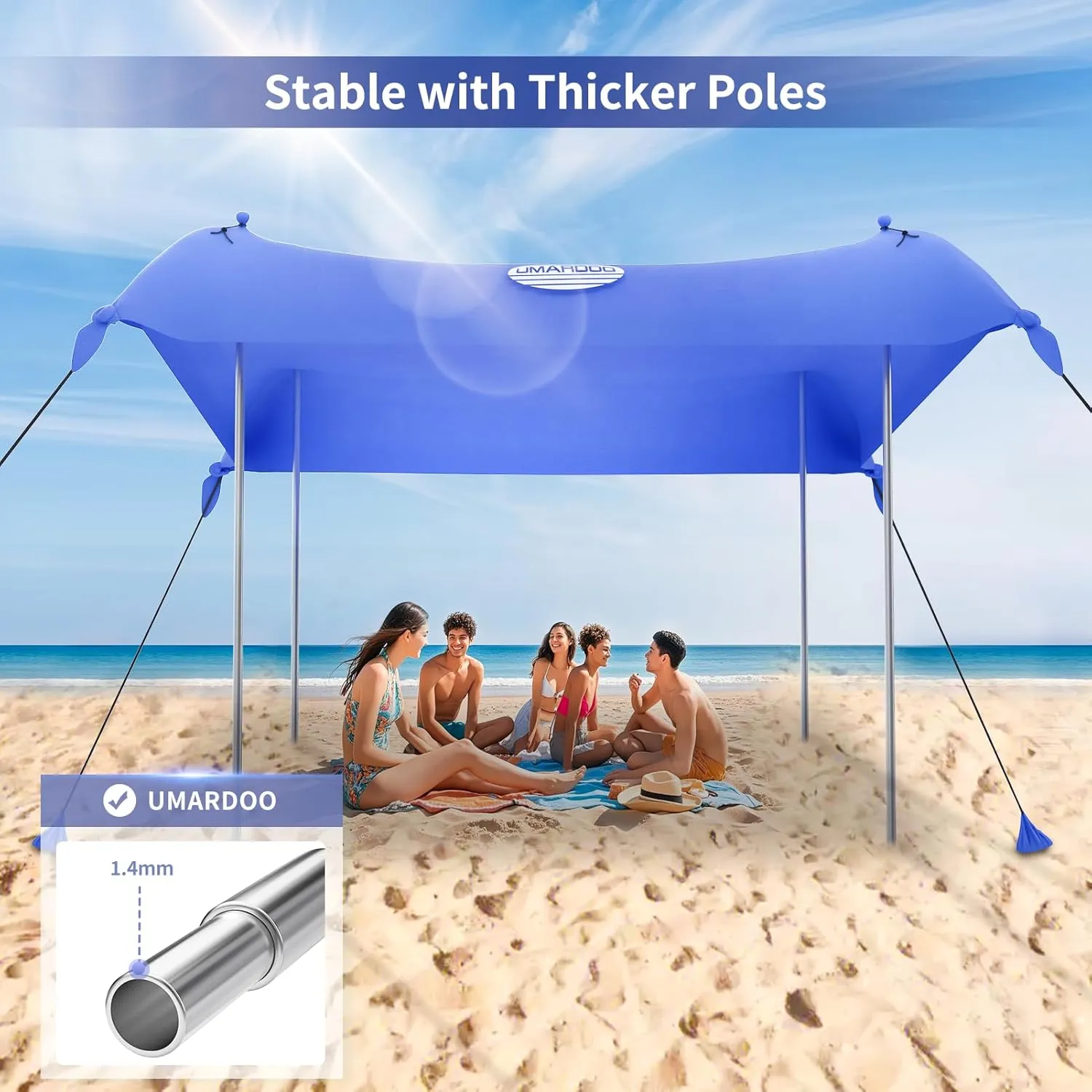 UMARDOO Family Beach Tent Canopy Sun Shade Portable 10×10FT,Wind Resistance Beach Sun Shelter Easy Setup with Packable Carry Bag for Outdoor Travel UPF 50 (Blue)