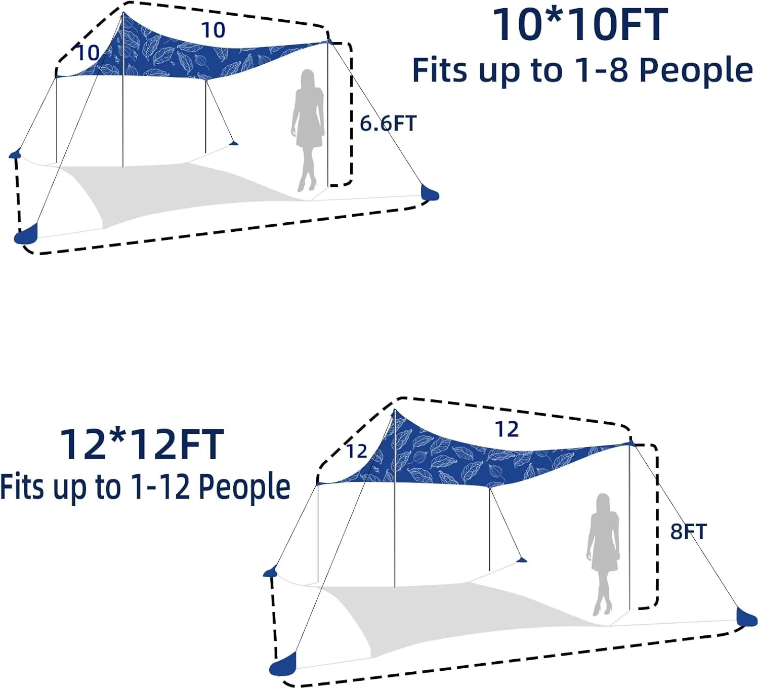 UMARDOO Family Beach Tent Canopy Sun Shade Portable, Large Compact Beach Sun Shelter Easy Setup with Packable Bag for Outdoor Travel (Printed Blue, 10X10 FT. 4Poles)
