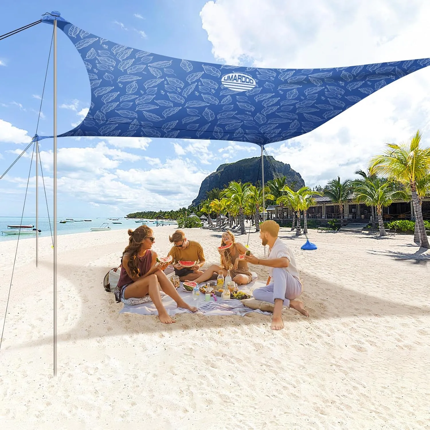 UMARDOO Family Beach Tent Canopy Sun Shade Portable, Large Compact Beach Sun Shelter Easy Setup with Packable Bag for Outdoor Travel (Printed Blue, 10X10 FT. 4Poles)