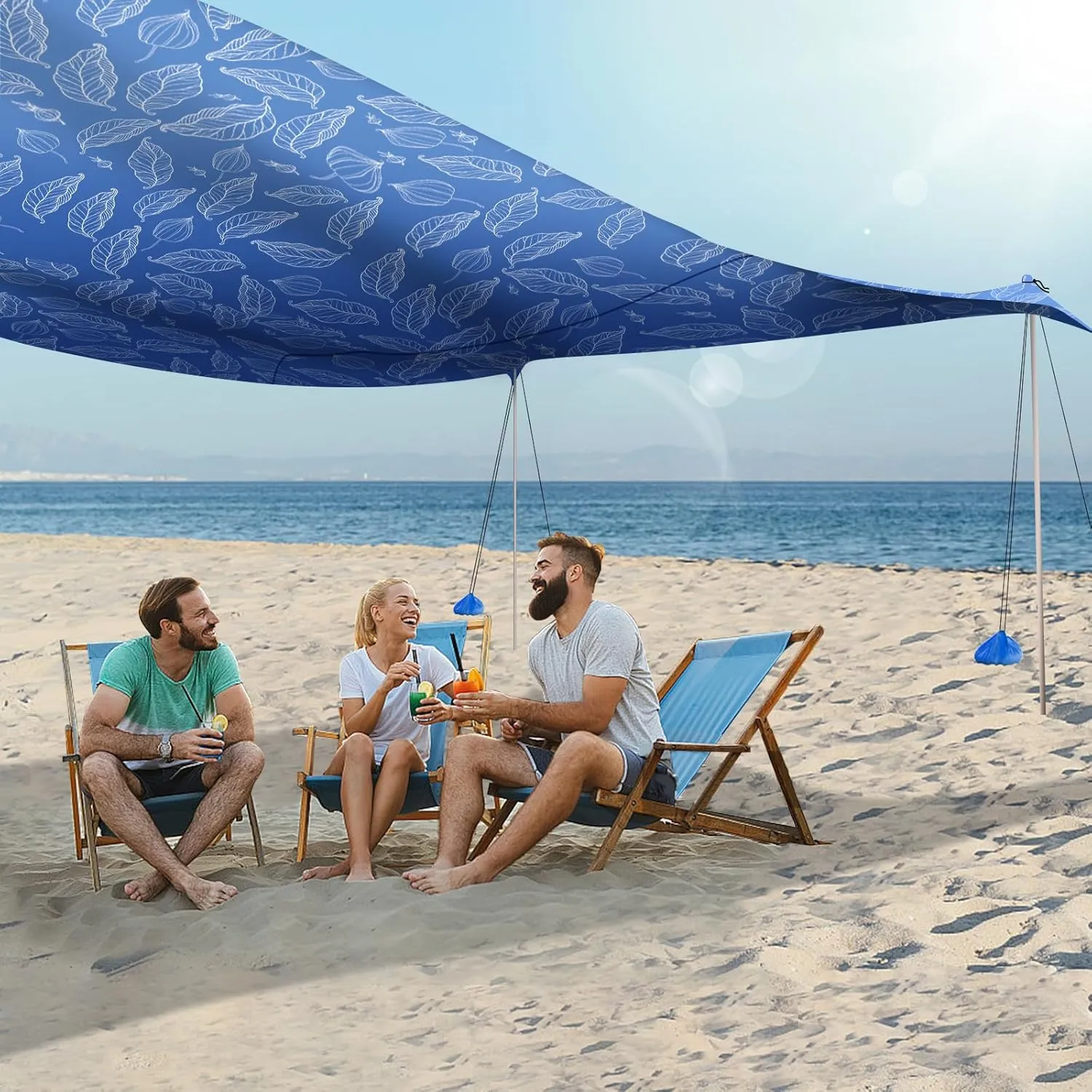 UMARDOO Family Beach Tent Canopy Sun Shade Portable, Large Compact Beach Sun Shelter Easy Setup with Packable Bag for Outdoor Travel (Printed Blue, 10X10 FT. 4Poles)