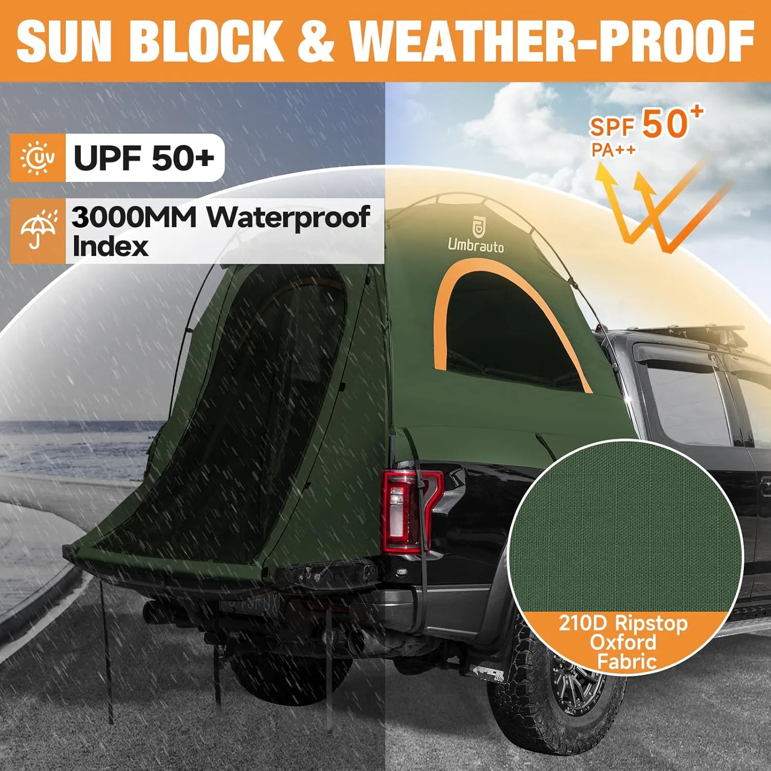 Umbrauto Truck Bed Tent: 6.4-6.7ft Truck Tent Easy Setup for Camping, 3000mm Waterproof Pickup Truck Tent for 2 Person with Double Layer Windows Olive Green