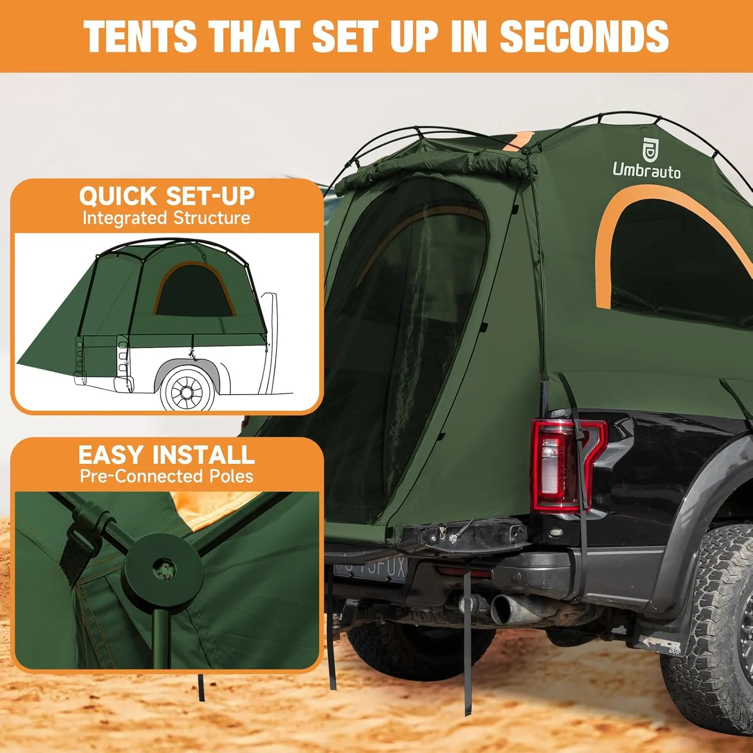 Umbrauto Truck Bed Tent: 6.4-6.7ft Truck Tent Easy Setup for Camping, 3000mm Waterproof Pickup Truck Tent for 2 Person with Double Layer Windows Olive Green