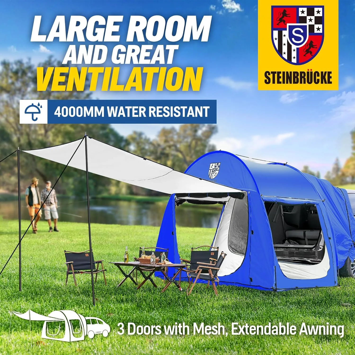 Universal SUV Camping Tent with Spacious Awning, 4000mm Waterproof Car Tent, Up to 4-Person Sleeping Capacity Camping Accessories, Easy Setup for Backpacking Traveling Hiking Outdoors
