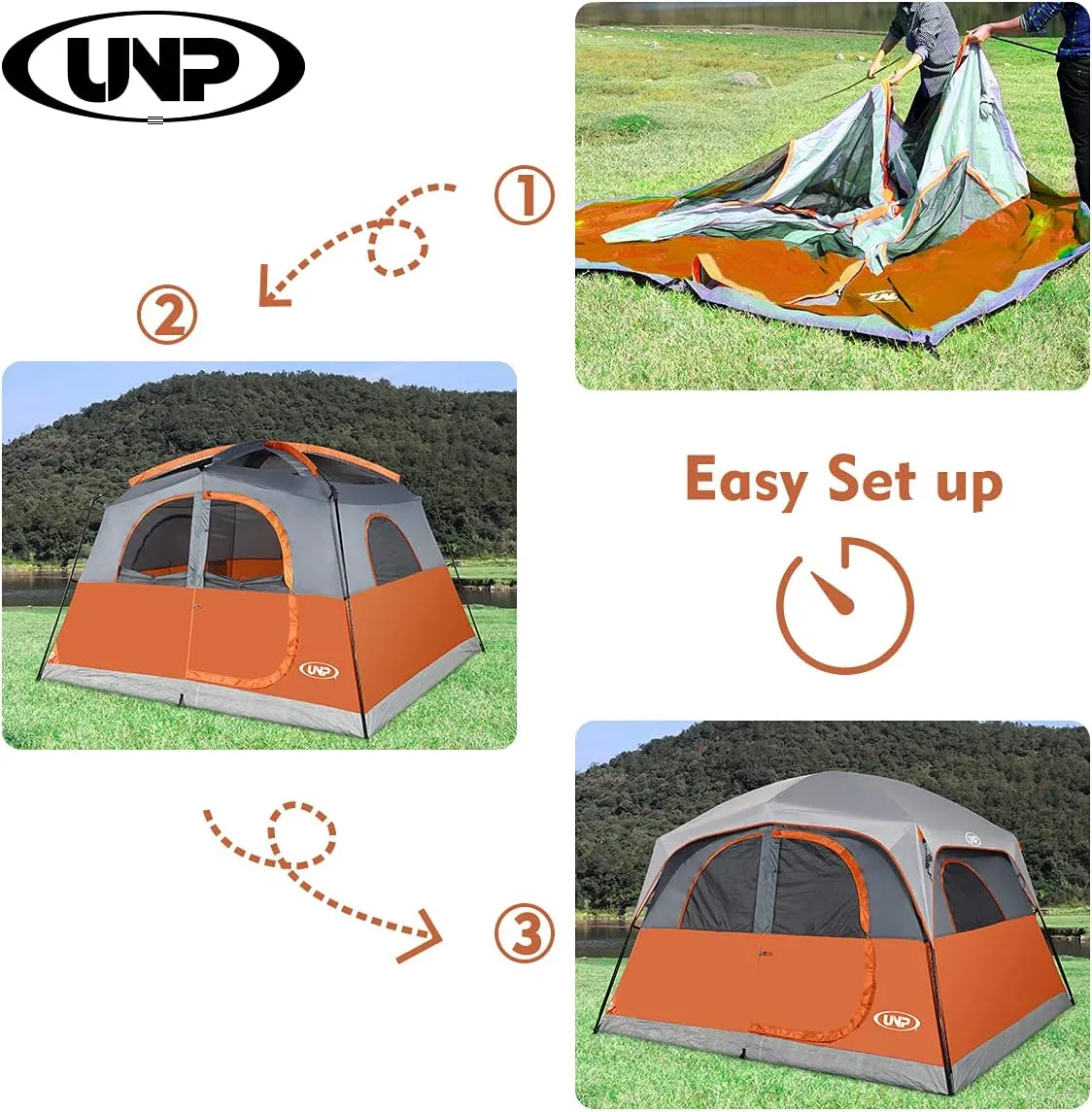 UNP Tents 6 Person Waterproof Windproof Easy Setup,Double Layer Family Camping Tent with 1 Mesh Door & 5 Large Mesh Windows -10'X9'X78in(H)