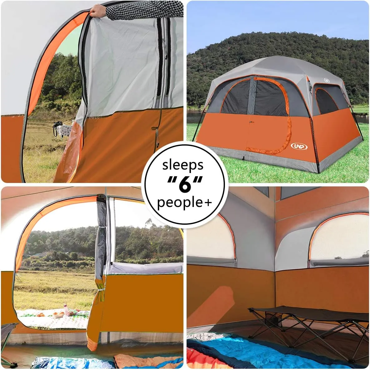 UNP Tents 6 Person Waterproof Windproof Easy Setup,Double Layer Family Camping Tent with 1 Mesh Door & 5 Large Mesh Windows -10'X9'X78in(H)