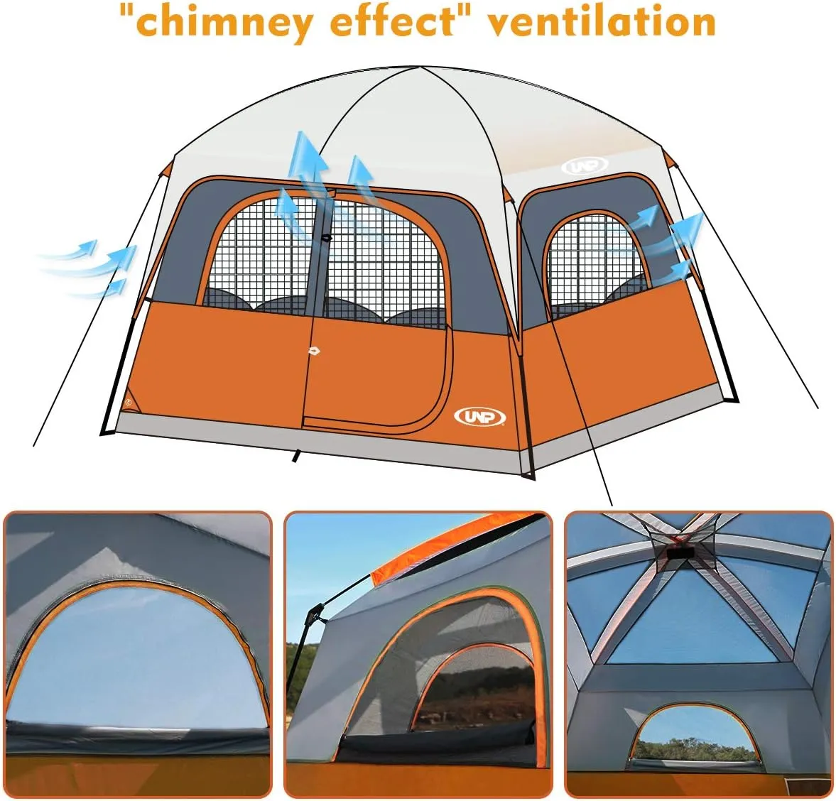 UNP Tents 6 Person Waterproof Windproof Easy Setup,Double Layer Family Camping Tent with 1 Mesh Door & 5 Large Mesh Windows -10'X9'X78in(H)