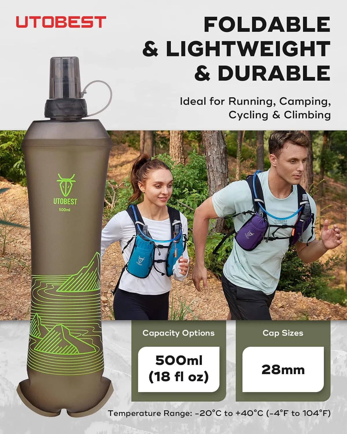 UTOBEST 500ml Soft Flask, 2 Pack Flexible TPU Hydration Water Bottle, Collapsible with 28mm Caliber for Running, Hiking, Cycling, Climbing, and Marathon Green
