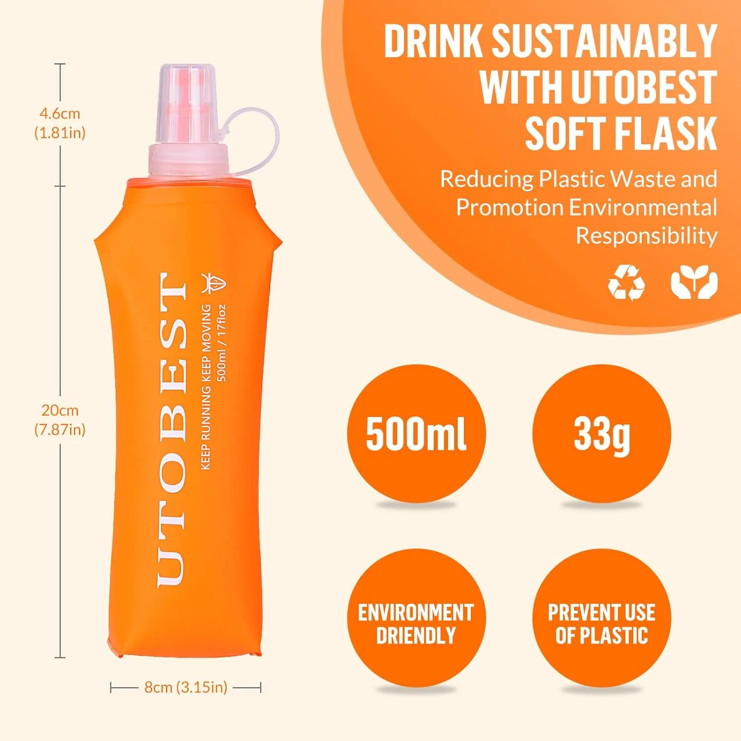 UTOBEST Soft Flask, 2 Pack Soft Flask Running Bottles 500ml,TPU Foldable Running Flask, Portable Collapsible Flask Handheld for Travel Traveling Hiking Cycling City Walk Orange