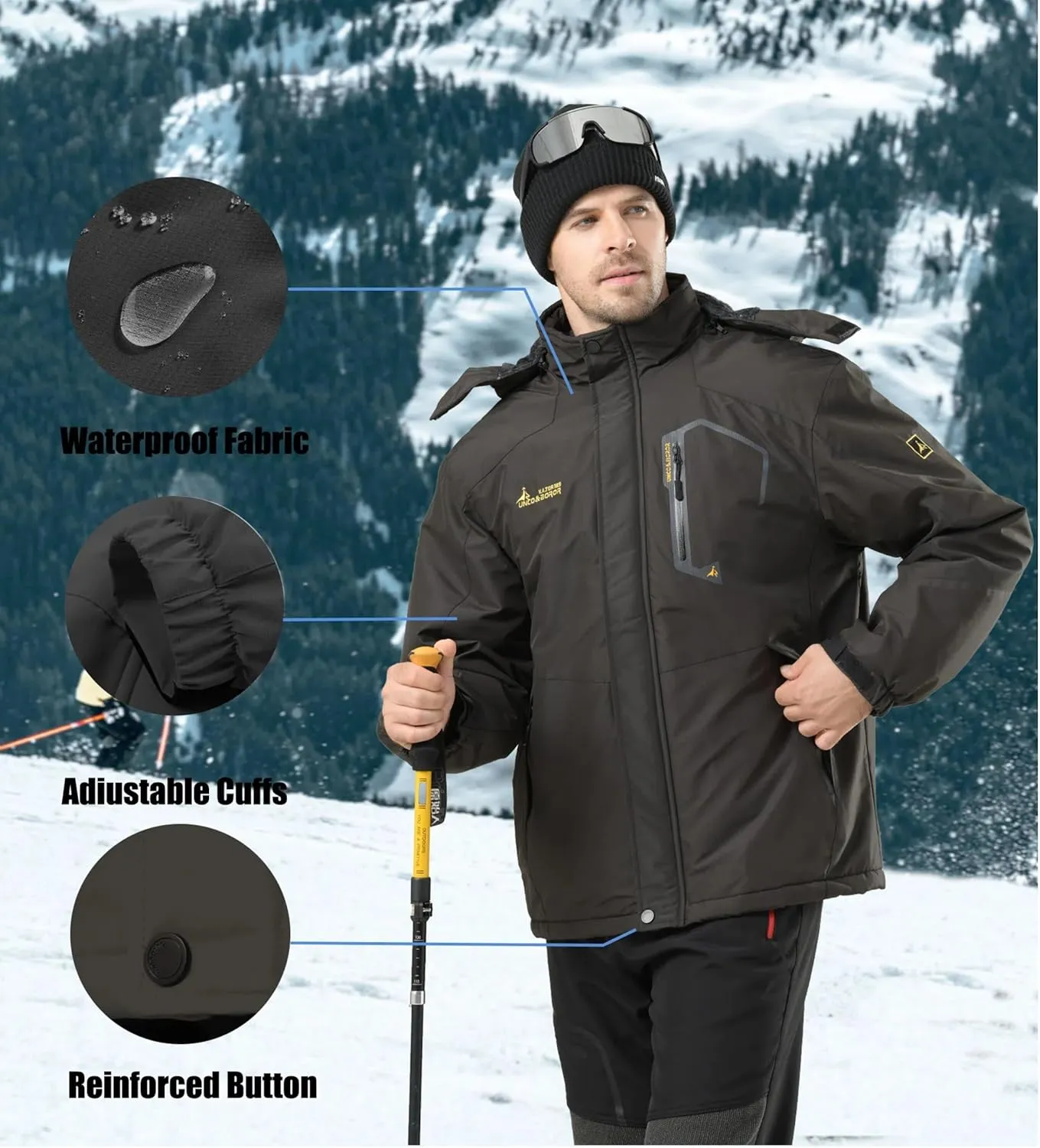 V.A.TOR 189 UNCO&BOROR Men's Winter Thermal Insulated Ski Jacket,Waterproof Coat with Hood for Hiking & Snowboarding