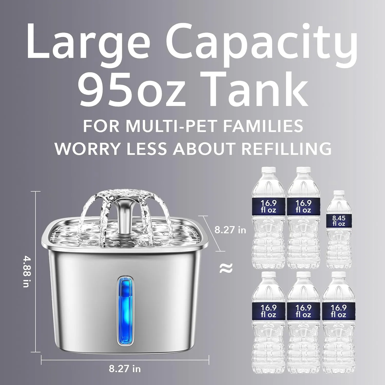Veken Innovation Award Winner Stainless Steel Cat Water Fountain, 95oz/2.8L Automatic Pet Fountain with 3 Replacement Filters & 3 Pre-Filter Sponges & Silicone Mat for Cats, Dogs (Silver)