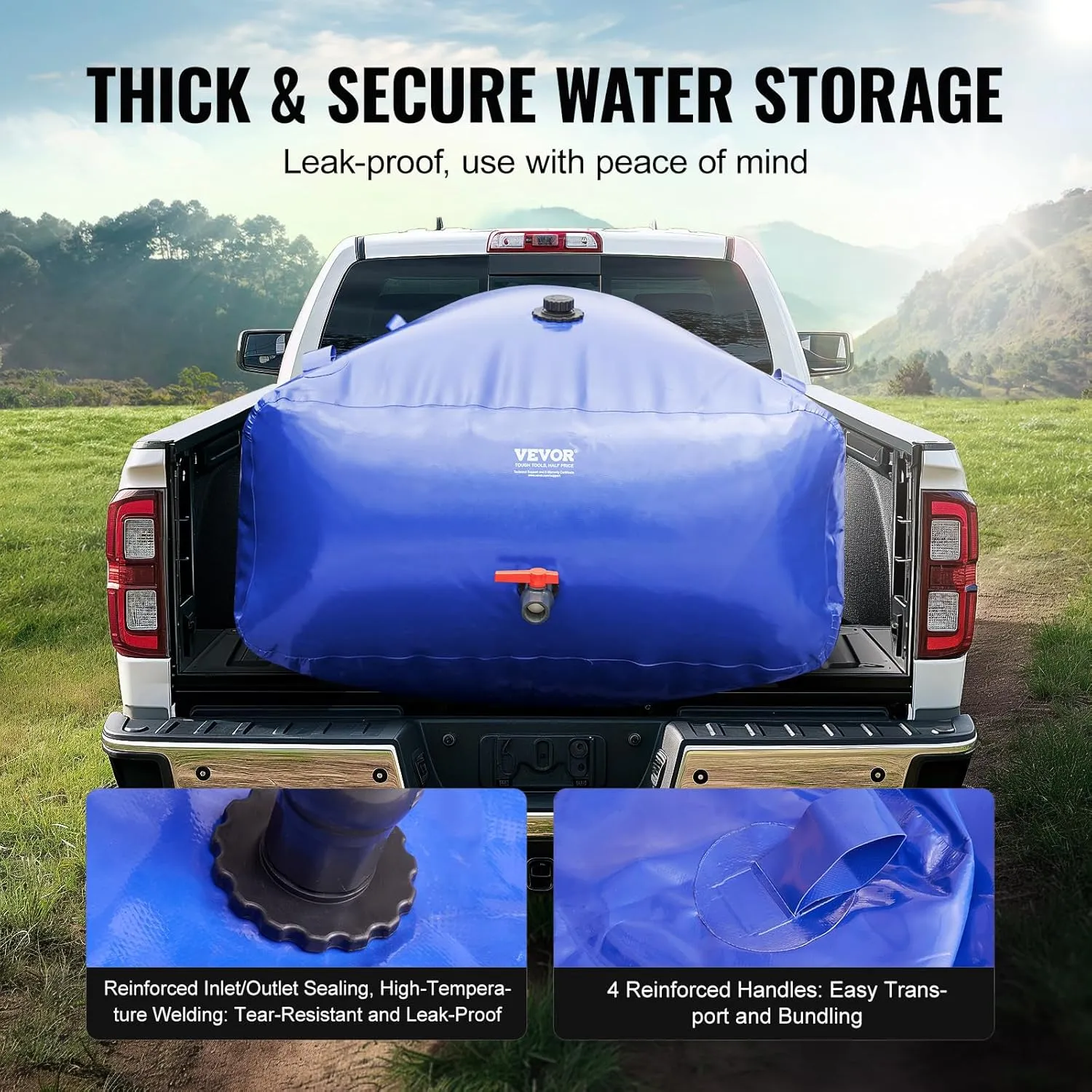 VEVOR Collapsible 1000L/264Gallon Blue PVC Soft Water Bag - RV & Camping, Large Capacity Portable Water Bladder, Fire Prevention
