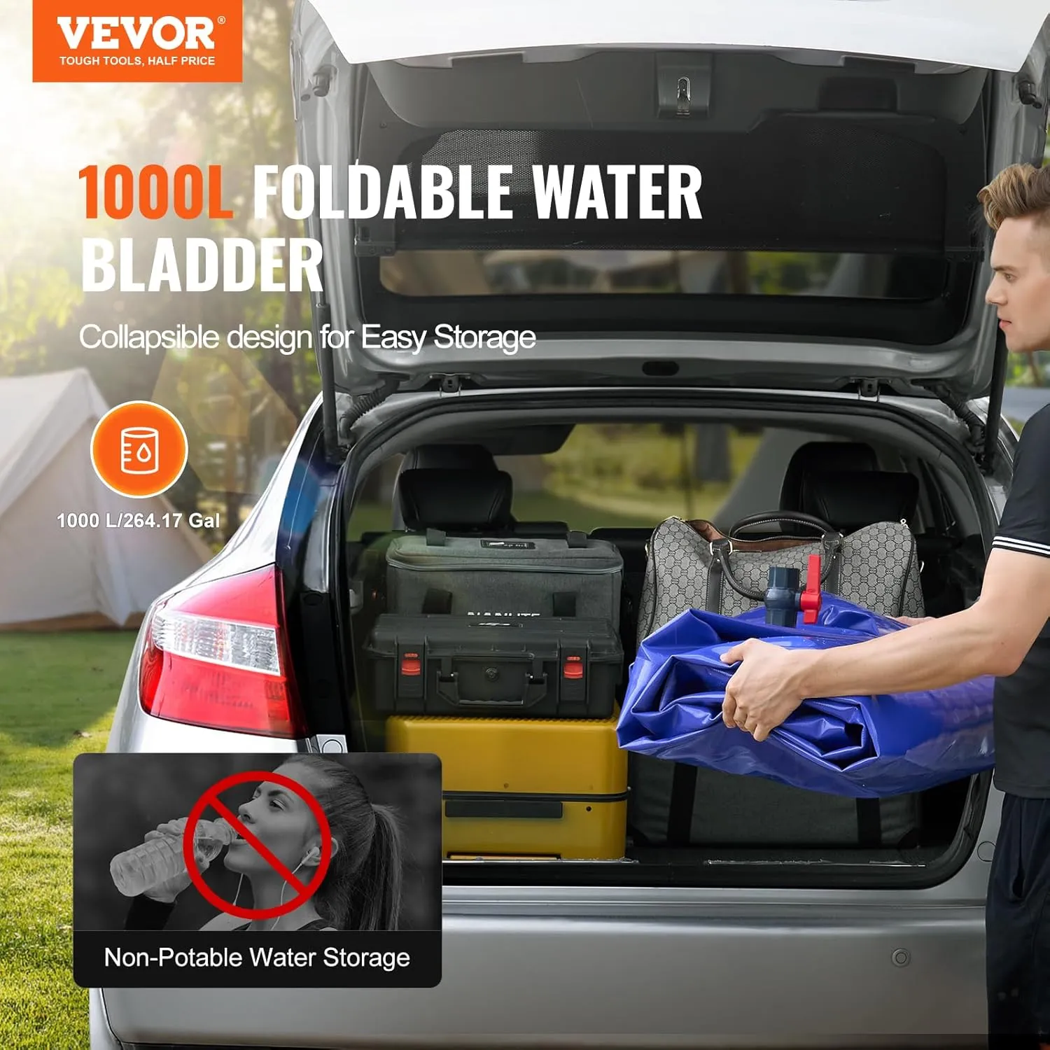 VEVOR Collapsible 1000L/264Gallon Blue PVC Soft Water Bag - RV & Camping, Large Capacity Portable Water Bladder, Fire Prevention