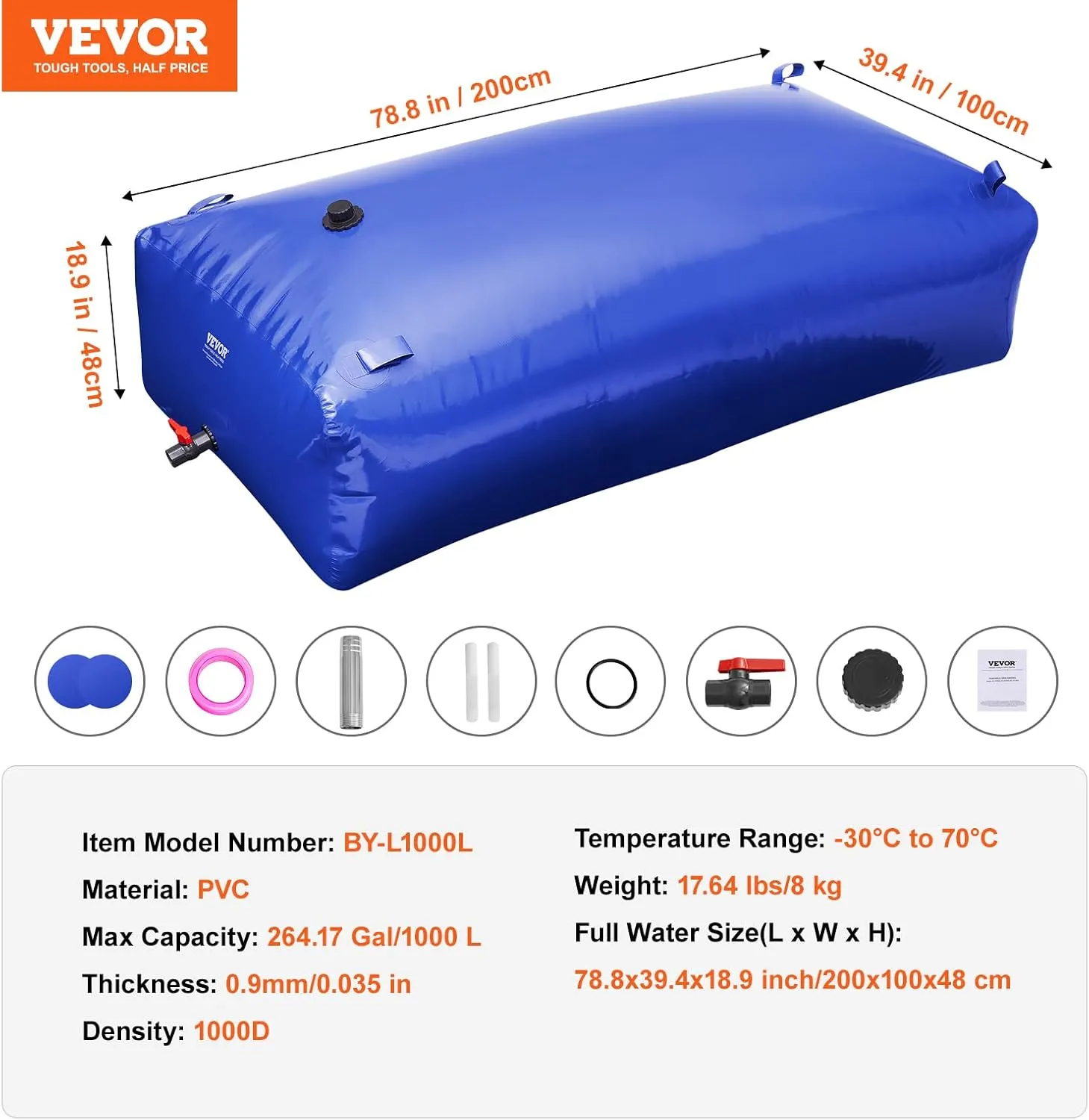 VEVOR Collapsible 1000L/264Gallon Blue PVC Soft Water Bag - RV & Camping, Large Capacity Portable Water Bladder, Fire Prevention